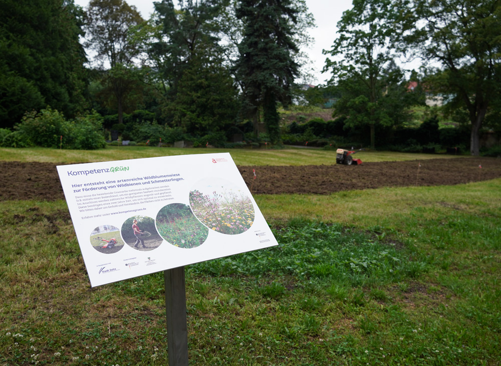 Bereits aufgestelltes Infoschild am Friedhof in Zeitz, Foto Sandra Dullau